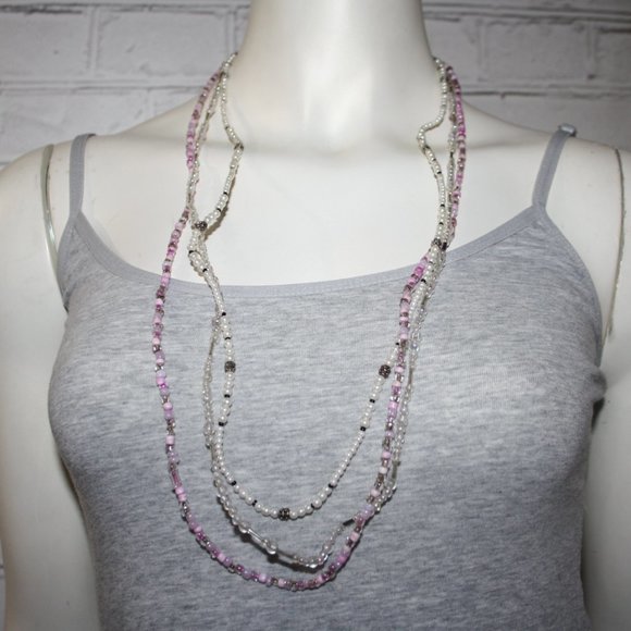 🤍💜 White, Purple + Silver Beaded Layered Necklace · 32" 💜🤍 - Picture 1 of 4